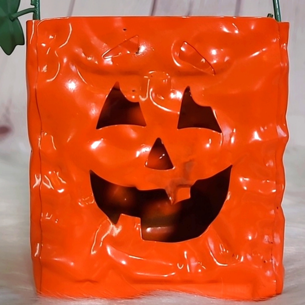 Vintage 90s Halloween Metal Pumpkin Jack-o-lantern Bag Tealight Candle Holder - Picture 4 of 16
